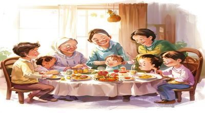 善良的姐姐在家庭聚餐中照顾老人和孩子，温暖的家庭氛围展现出她在家庭中默默付出的守护角色