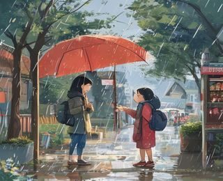 善良的姐姐在社区超市门口为老奶奶撑伞，雨天街景背景，画面展现陌生人之间真实的善意与温暖