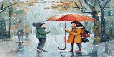 善良的姐姐在雨中为陌生人撑伞，背景是城市街道，画面温馨感人充满善意